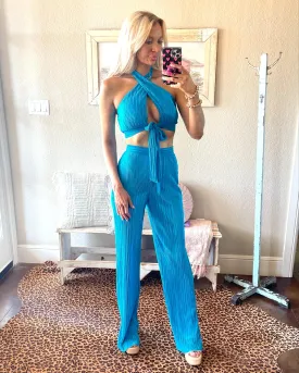 2 Piece Turquoise Bodre Set, Halter Top & Pant Set