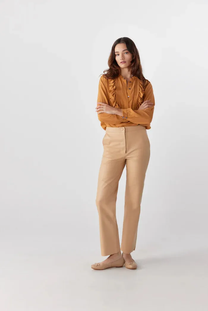 Amber Sand Silk Ruffle Blouse