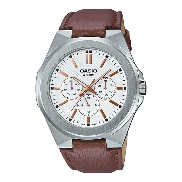 Casio Men's Multi-Hand Dark Brown Leather Band Watch MTPSW330L-7A MTP-SW330L-7A