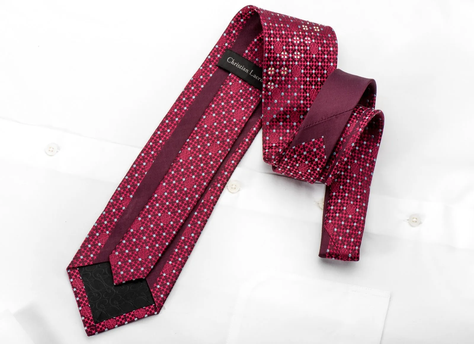 Christian Lacroix Mens Silk Rhinestone Necktie Cartouche On Burgundy Sparkling With Rhinestones