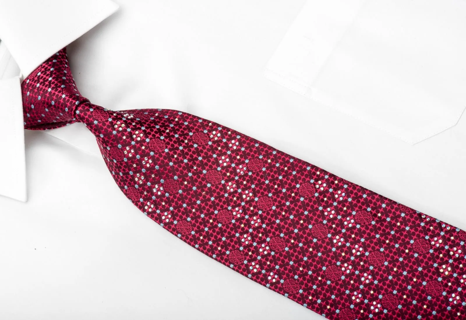 Christian Lacroix Mens Silk Rhinestone Necktie Cartouche On Burgundy Sparkling With Rhinestones