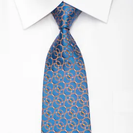 Daks Men's Silk Necktie Orange Interlocking Circles On Blue Sparkling With Rhinestones