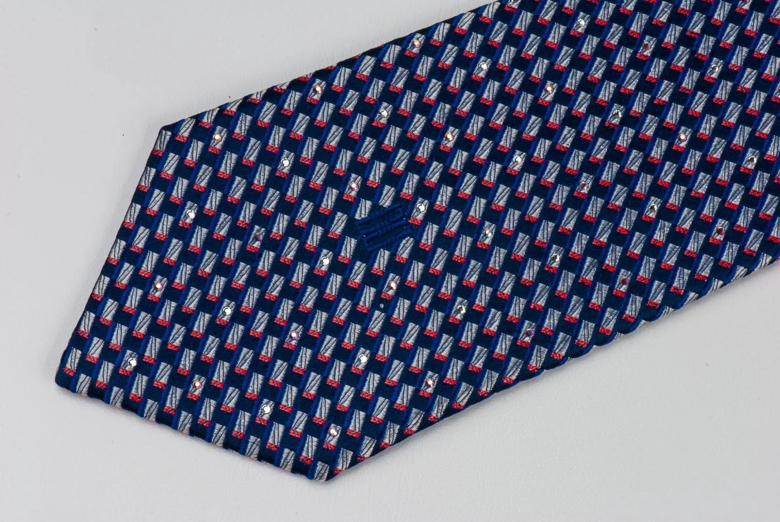 Daks Silk Necktie Silver Red Geometric Pattern On Navy Blue With Rhinestones