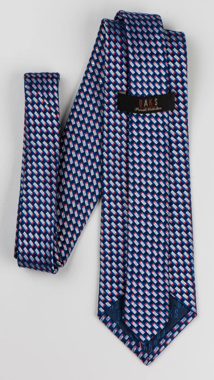 Daks Silk Necktie Silver Red Geometric Pattern On Navy Blue With Rhinestones