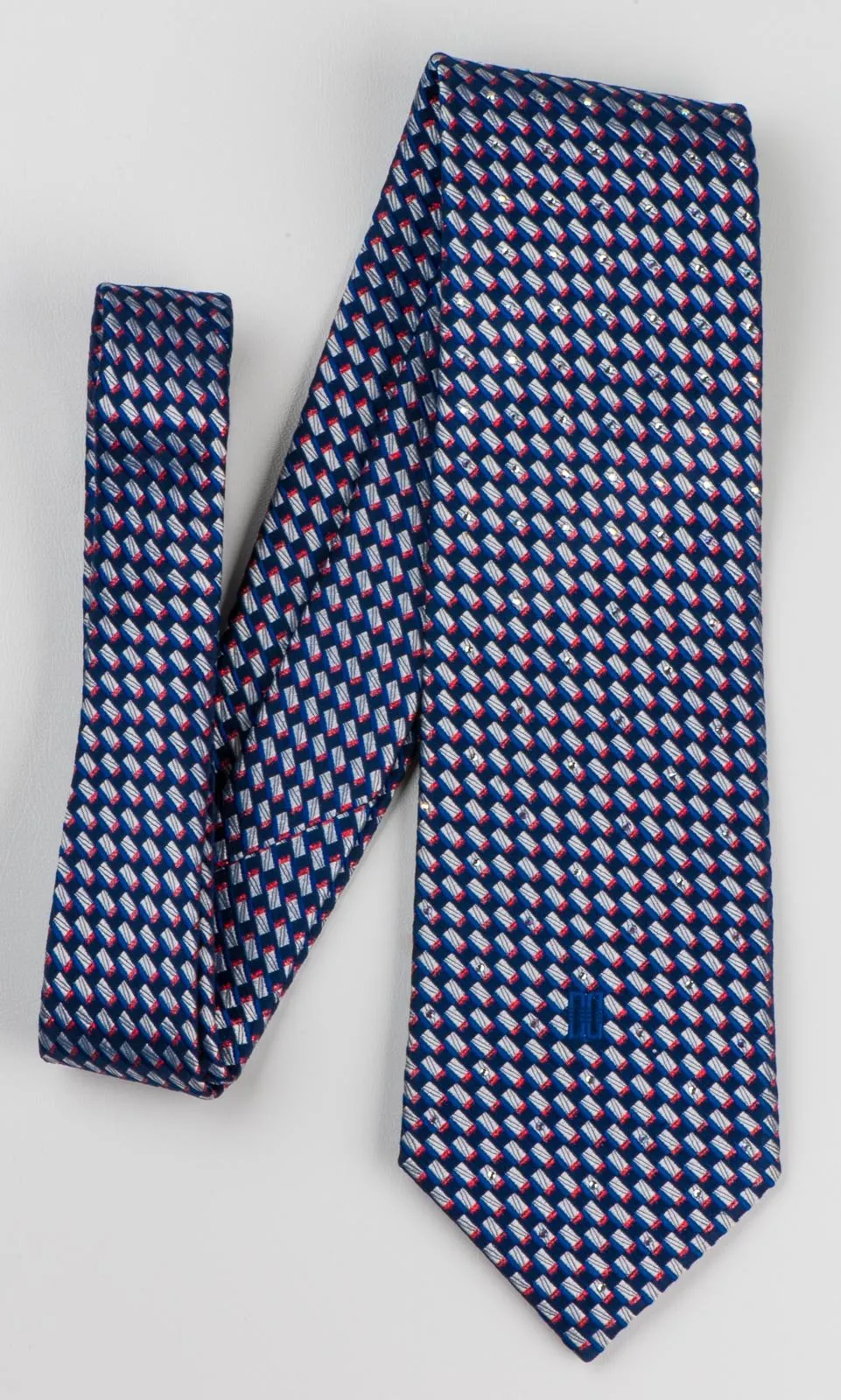 Daks Silk Necktie Silver Red Geometric Pattern On Navy Blue With Rhinestones