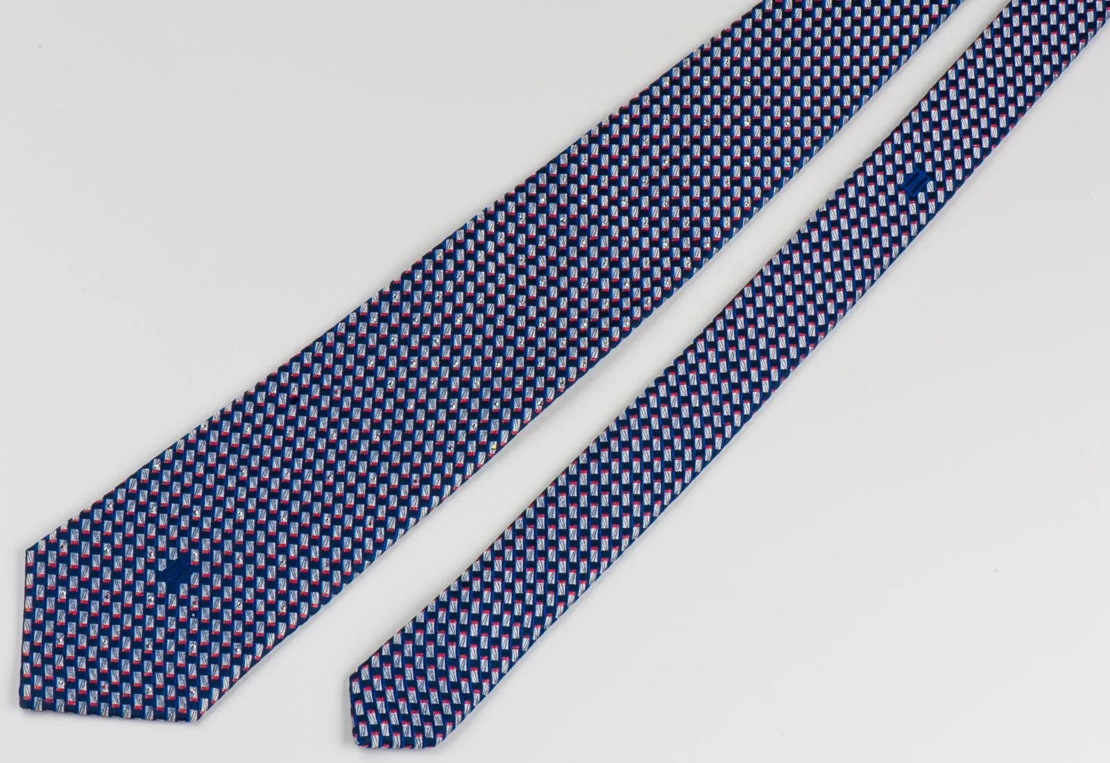 Daks Silk Necktie Silver Red Geometric Pattern On Navy Blue With Rhinestones