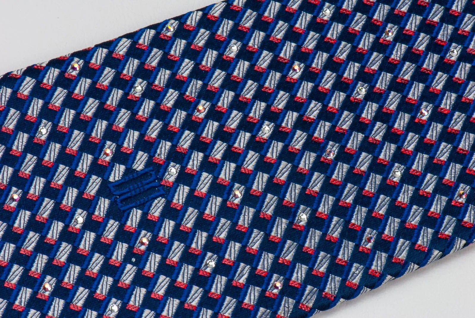 Daks Silk Necktie Silver Red Geometric Pattern On Navy Blue With Rhinestones