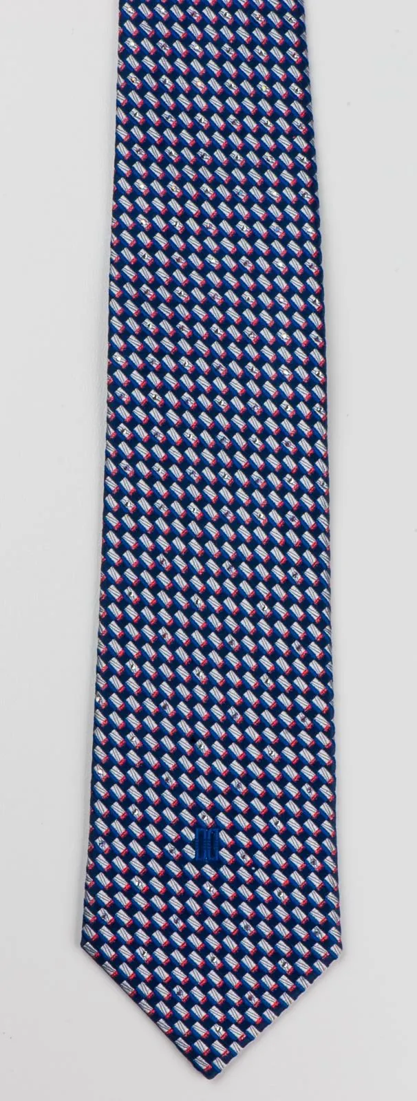 Daks Silk Necktie Silver Red Geometric Pattern On Navy Blue With Rhinestones