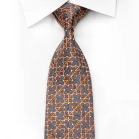 Daniel Hechter Men's Crystal Rhinestone Silk Necktie Orange Trellis On Silver Gray With Sparkle