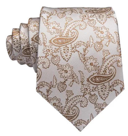 Elegant Antique White Silk Tie with Light Brown Paisley Pattern