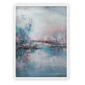 Framed vertical blue & pink abstract landscape wall art print