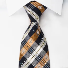 Grand Jour Rhinestone Silk Necktie Brown Blue Plaids With Silver Sparkles