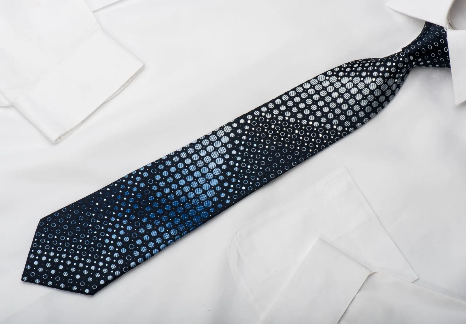 Indian Homme Rhinestone Silk Necktie Geometric On Blue With Silver Sparkles