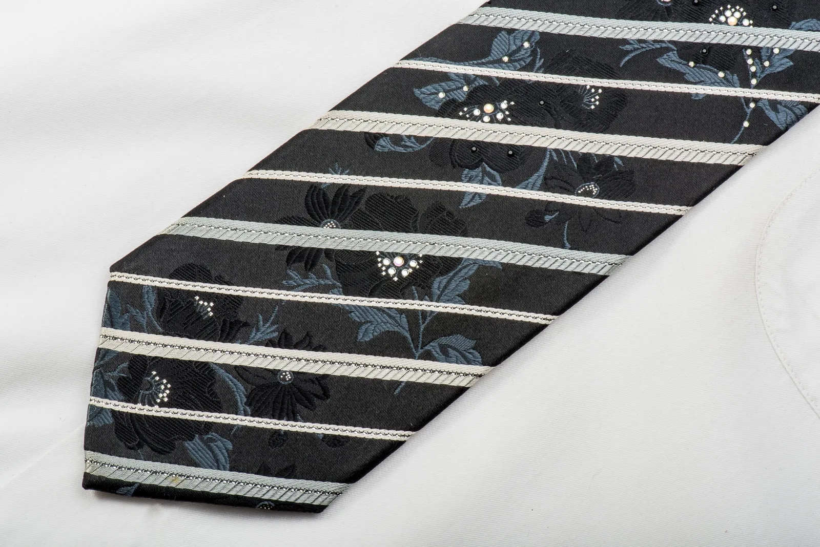 Indian Homme Rhinestone Tie Silver Stripes & Floral On Black With Sparkles