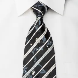 Indian Homme Rhinestone Tie Silver Stripes & Floral On Black With Sparkles