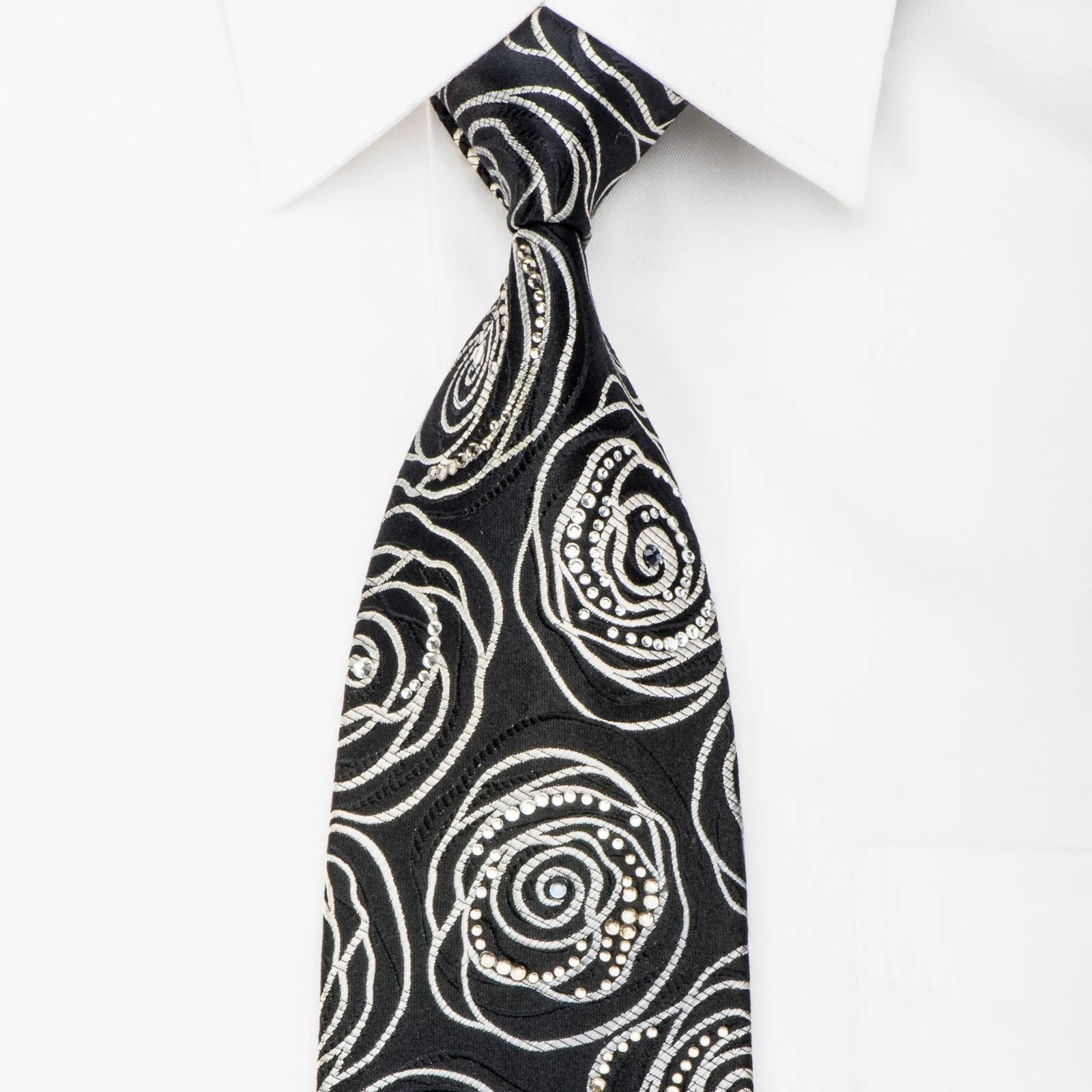 Lancetti Mens Rhinestone Necktie Abstract Silver Floral On Black