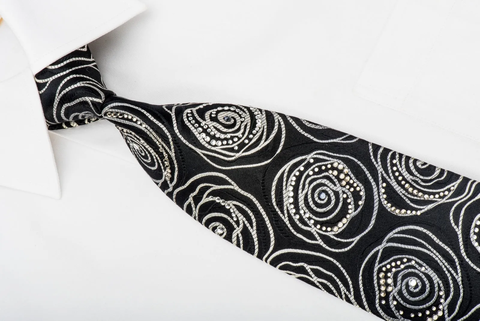 Lancetti Mens Rhinestone Necktie Abstract Silver Floral On Black