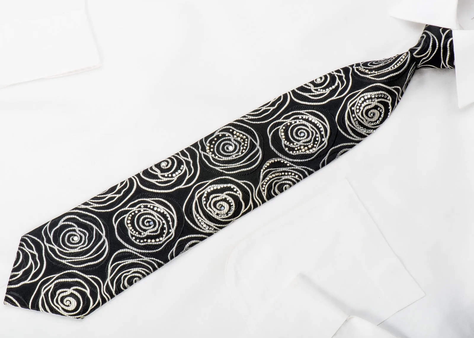 Lancetti Mens Rhinestone Necktie Abstract Silver Floral On Black