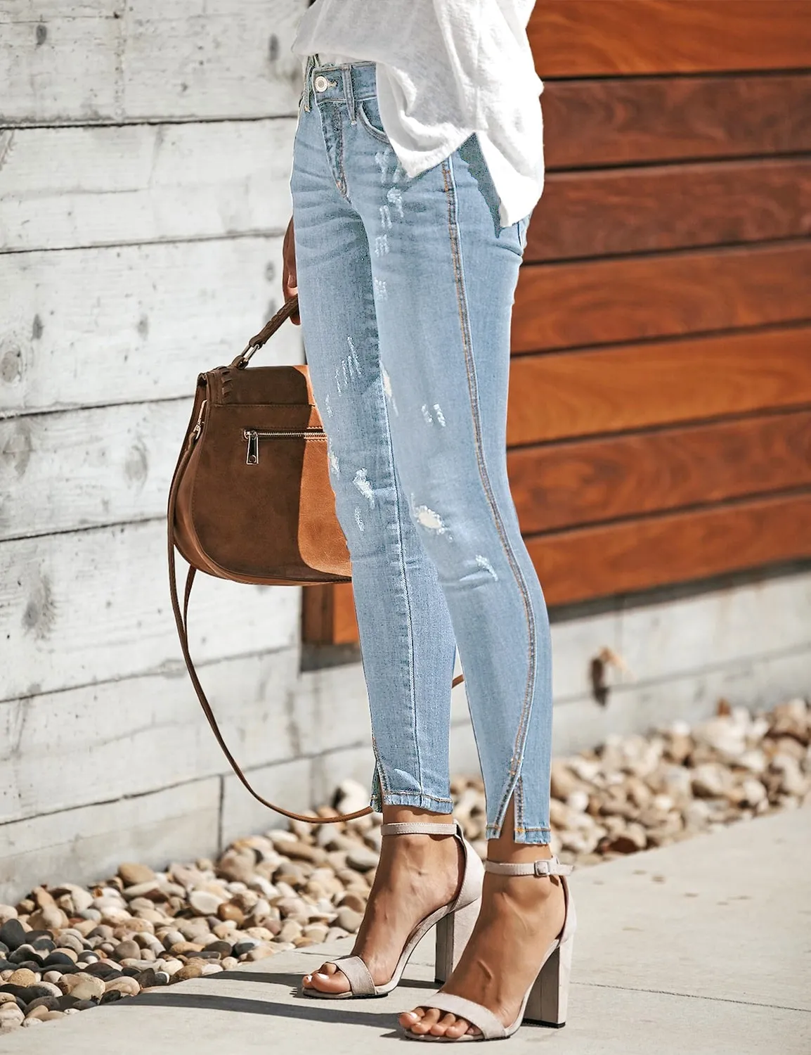 Light Blue Split-Hem Ripped Skinny Denim Jeans