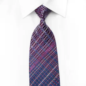 Louis Quatorze Men's Crystal Silk Tie Checkered & Striped On Purple With Silver Sparkles