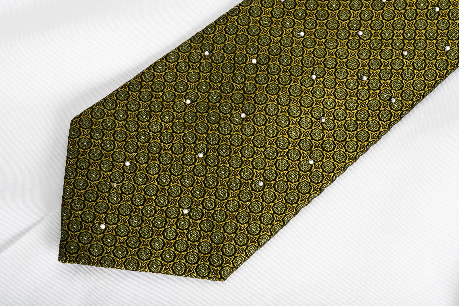 Metro City Rhinestone Silk Necktie Dots On Olive Green With Silver Sparkles