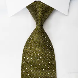 Metro City Rhinestone Silk Necktie Dots On Olive Green With Silver Sparkles