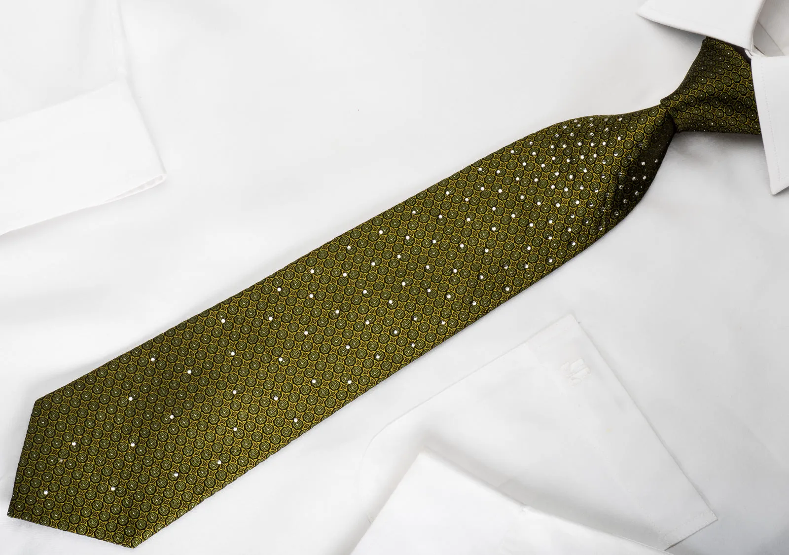 Metro City Rhinestone Silk Necktie Dots On Olive Green With Silver Sparkles