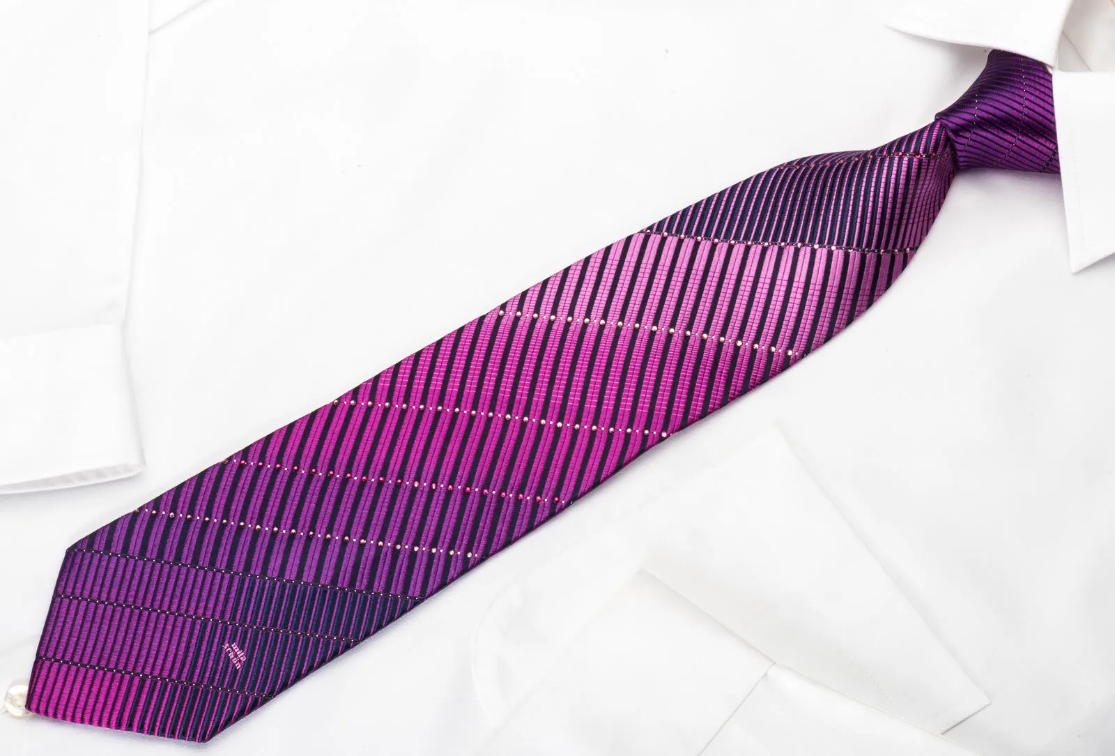 Mila Schon Silk Rhinestone Necktie Purple Striped On Navy With Silver Sparkles