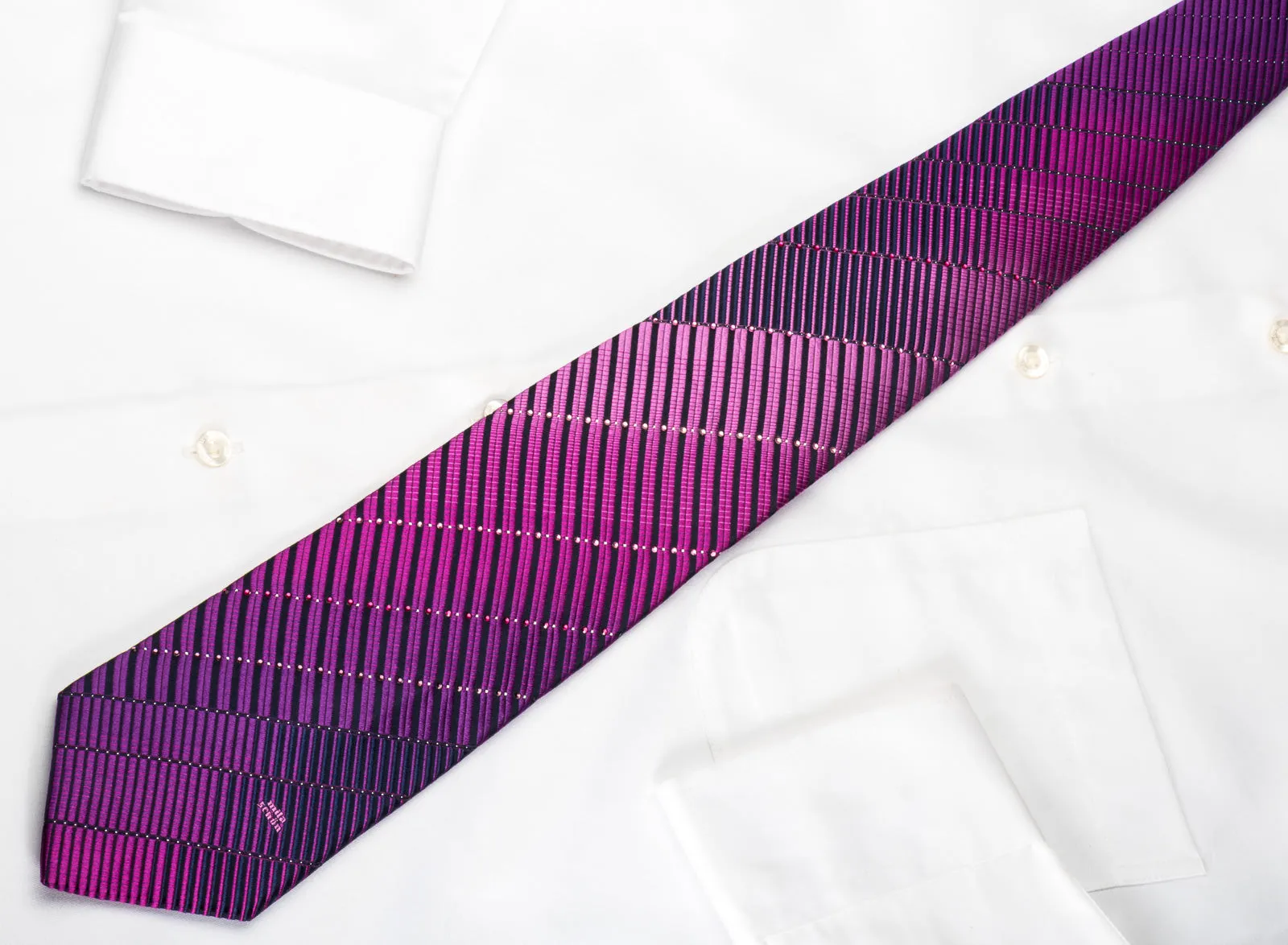 Mila Schon Silk Rhinestone Necktie Purple Striped On Navy With Silver Sparkles