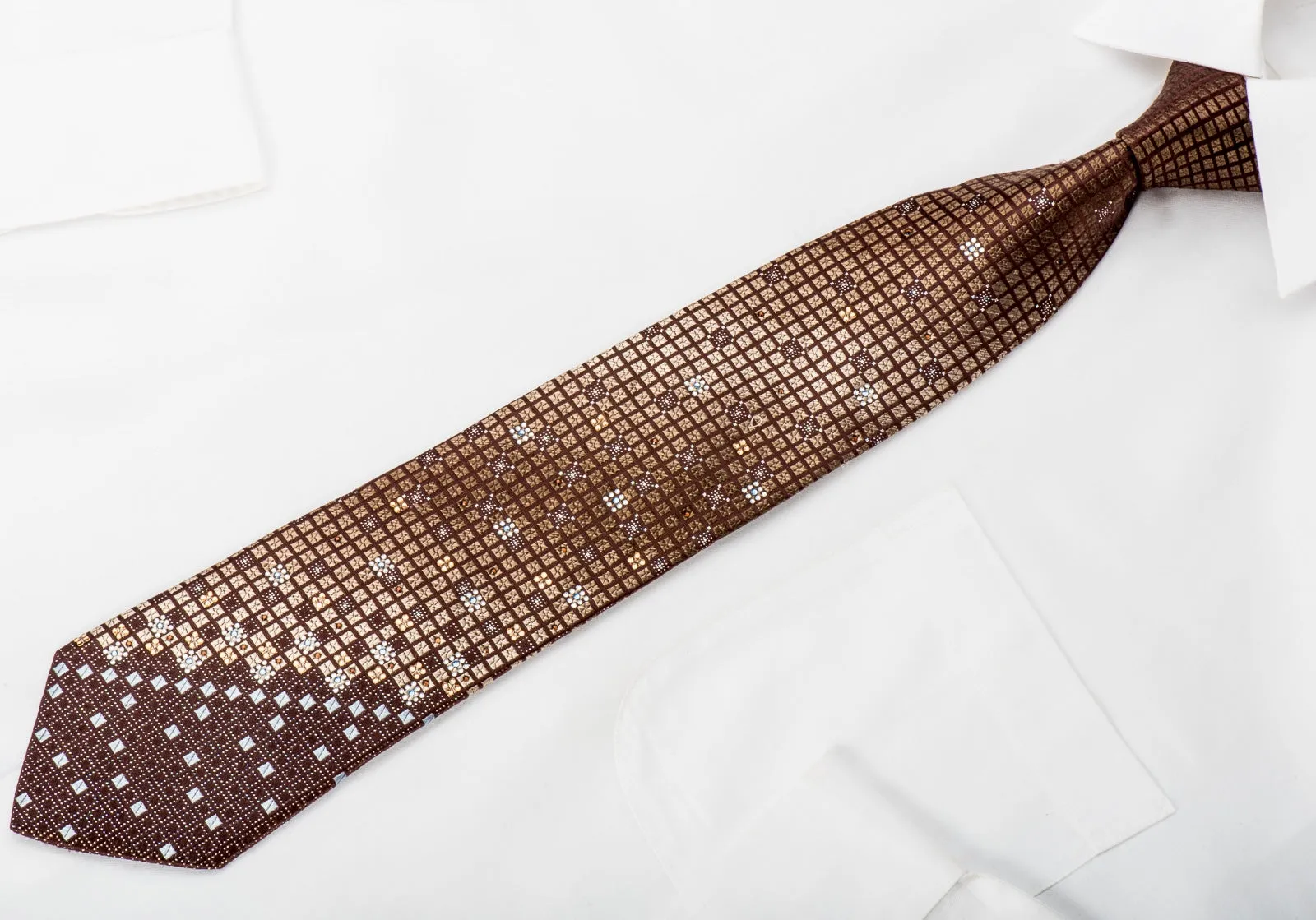 Nicole St Giles Men's Rhinestone Silk Necktie Golden Checker On Brown With Silver Sparkles