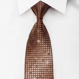 Nicole St Giles Men's Rhinestone Silk Necktie Golden Checker On Brown With Silver Sparkles