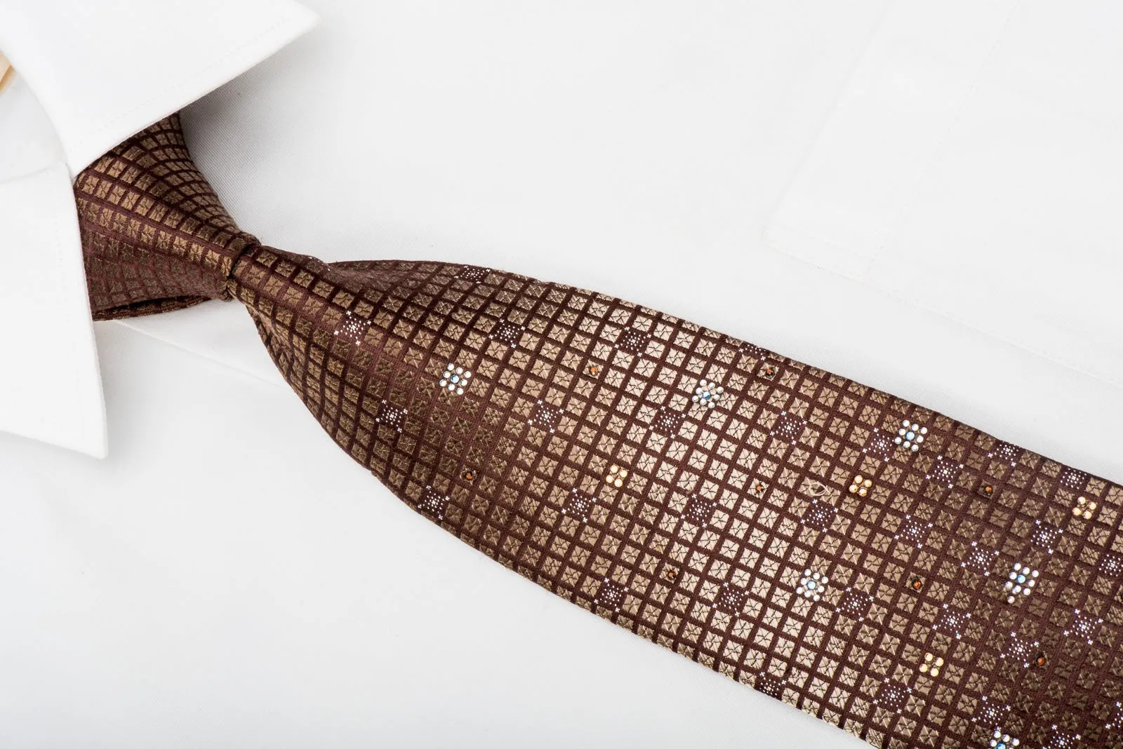 Nicole St Giles Men's Rhinestone Silk Necktie Golden Checker On Brown With Silver Sparkles