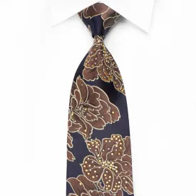 OVO Classic Men's Crystal Silk Necktie Brown Floral On Navy With Sparkles