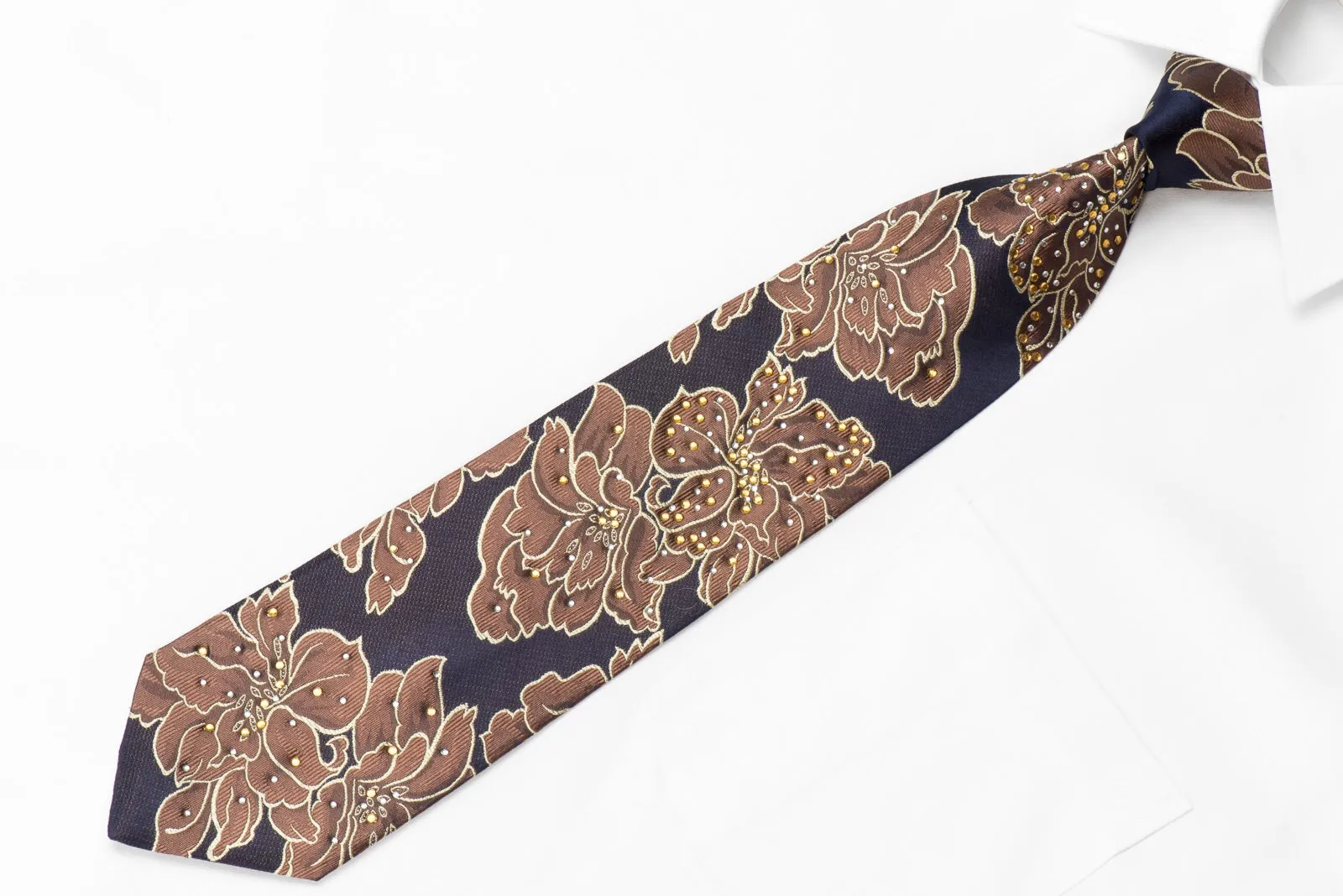 OVO Classic Men's Crystal Silk Necktie Brown Floral On Navy With Sparkles