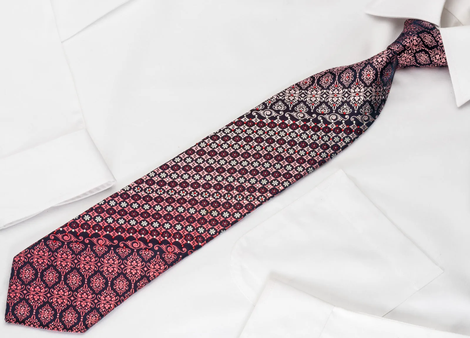 Parkland Mens Rhinestone Silk Necktie Burgundy Cartouche Foulard On Black With Silver Sparkles