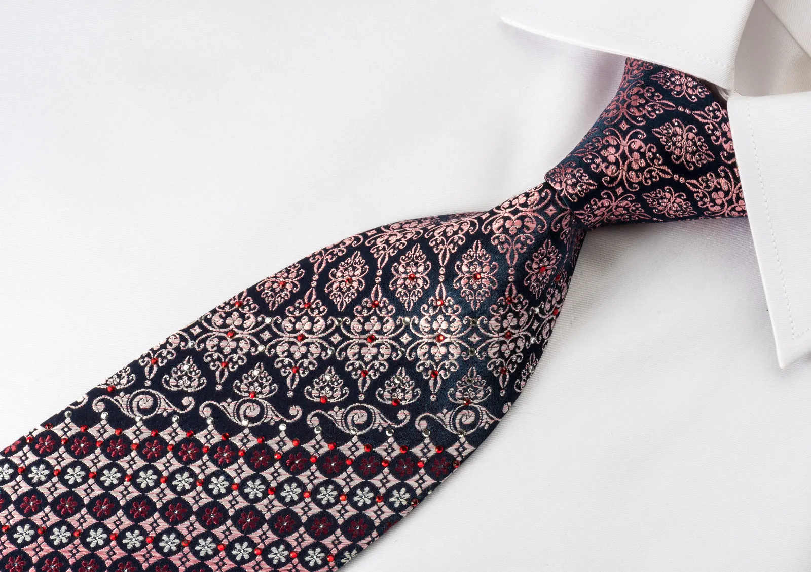 Parkland Mens Rhinestone Silk Necktie Burgundy Cartouche Foulard On Black With Silver Sparkles