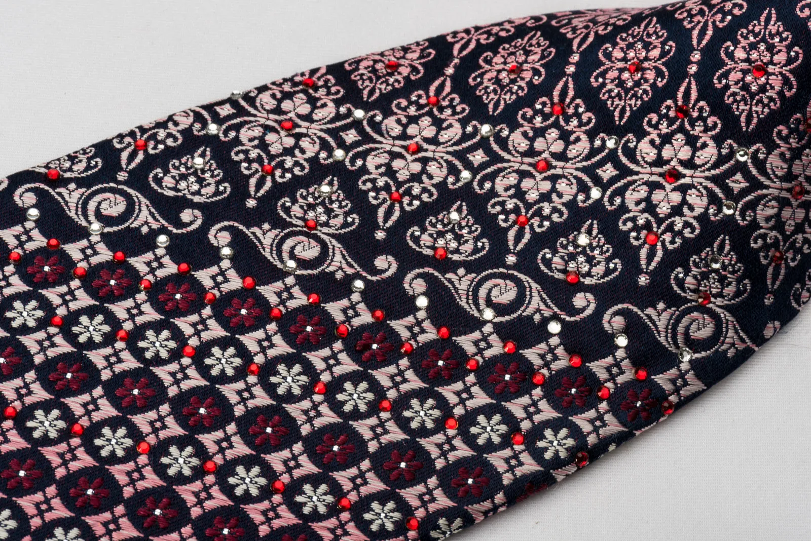 Parkland Mens Rhinestone Silk Necktie Burgundy Cartouche Foulard On Black With Silver Sparkles