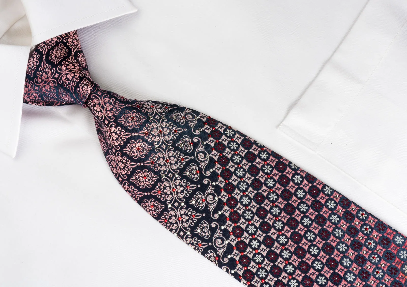 Parkland Mens Rhinestone Silk Necktie Burgundy Cartouche Foulard On Black With Silver Sparkles