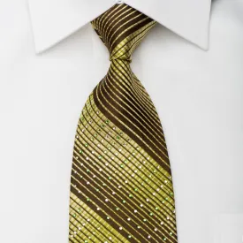 Perry Ellis Men's Silk Tie Green Stripes On Brown Sparkling With Rhinestones