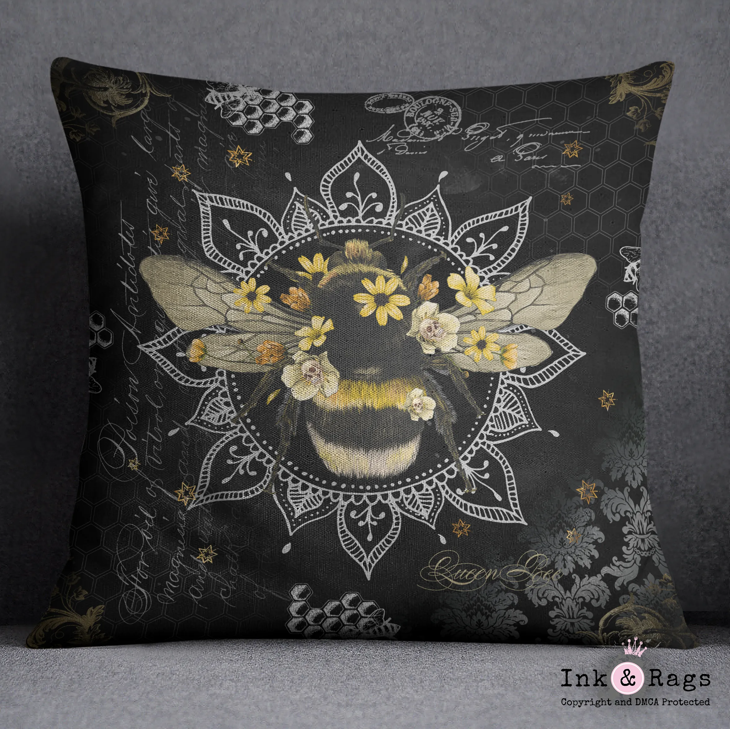 Poison Bee Mandala Skull Black Decorative Throw and Pillow Cover Set