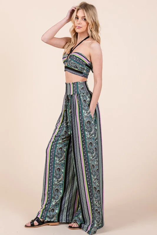 TEEK - Boho Print Wide Leg Pocketed Pants