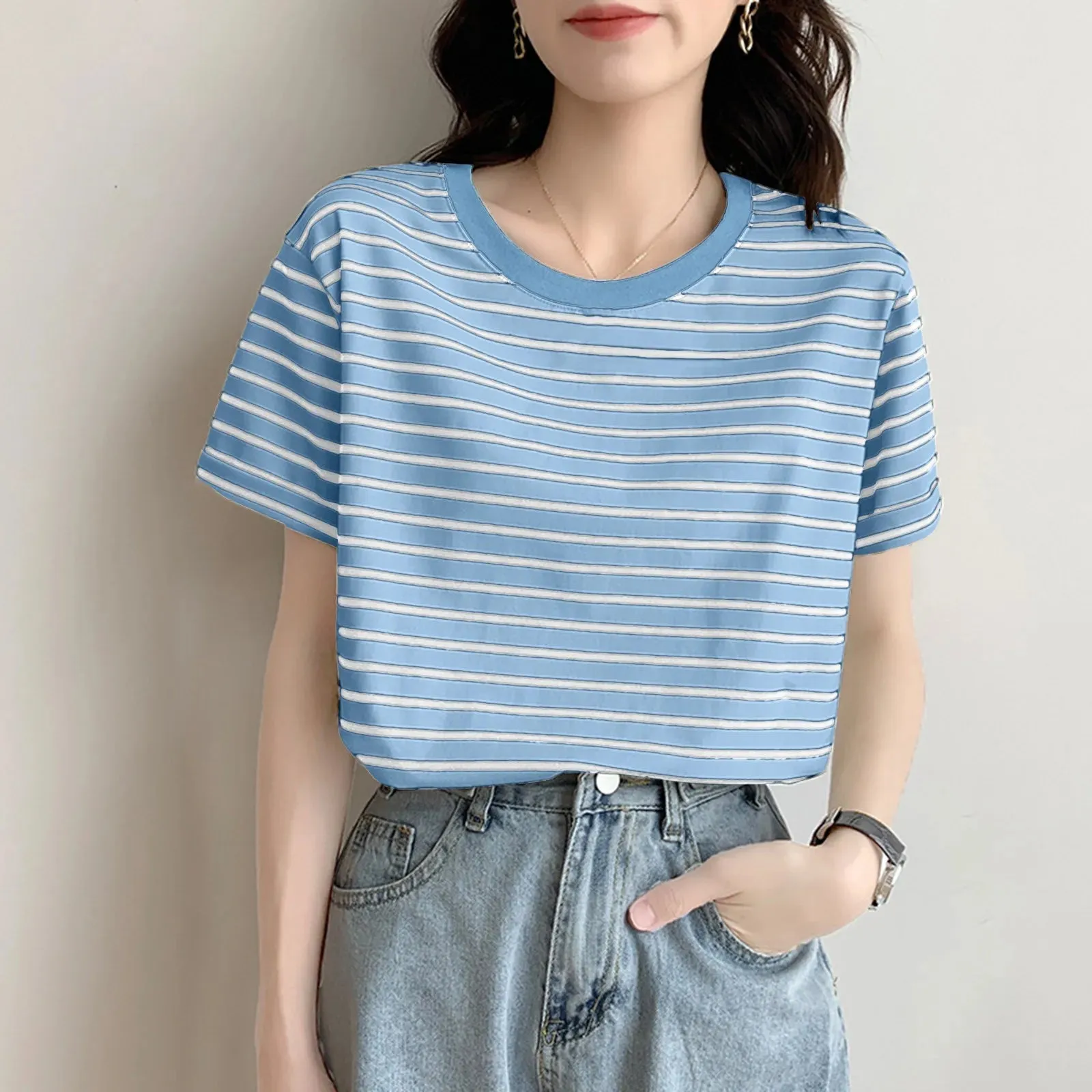 Trim Summer Crew Cotton Casual Comfortable Cute Short T-shirt