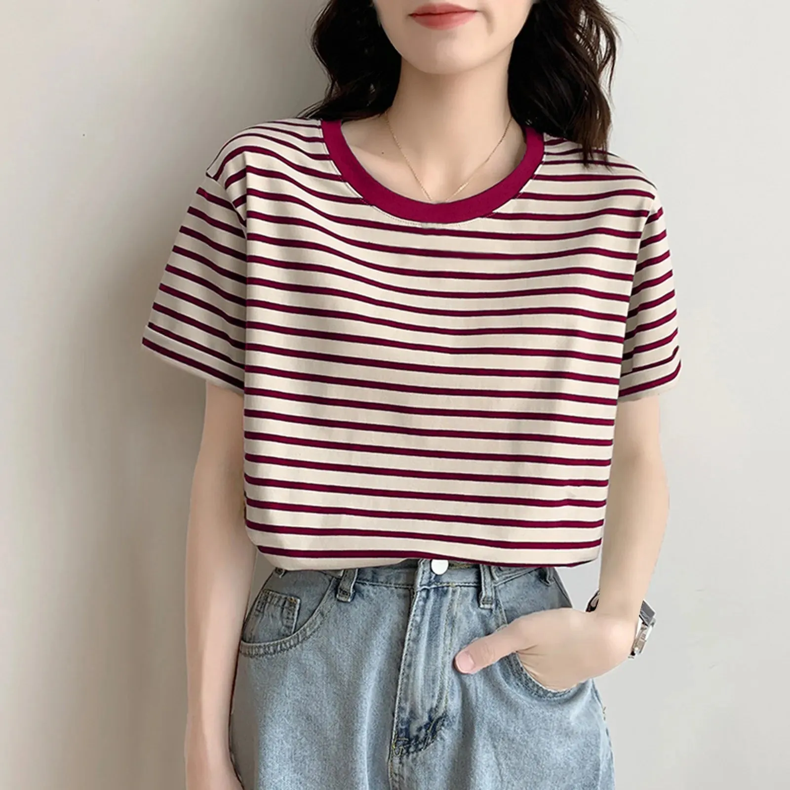 Trim Summer Crew Cotton Casual Comfortable Cute Short T-shirt