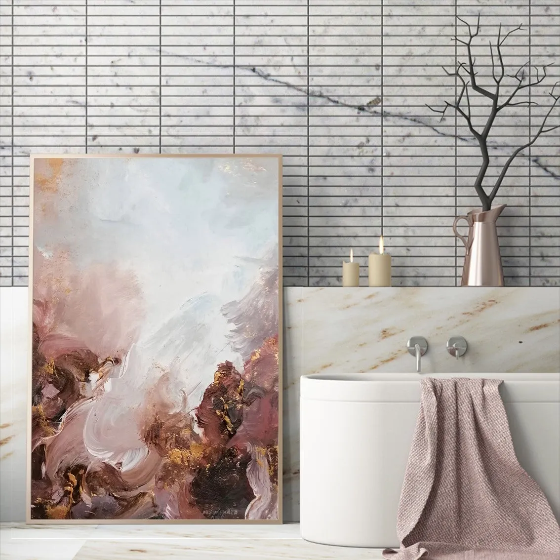 Vertical pink & gold abstract wall art print