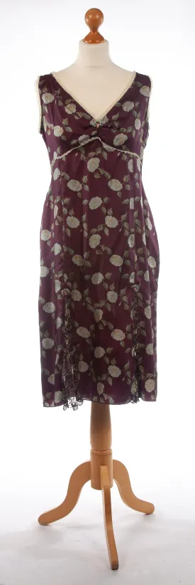 Whistles Silk Dress with Lace Panels Burgundy with Green Flowers UK 14